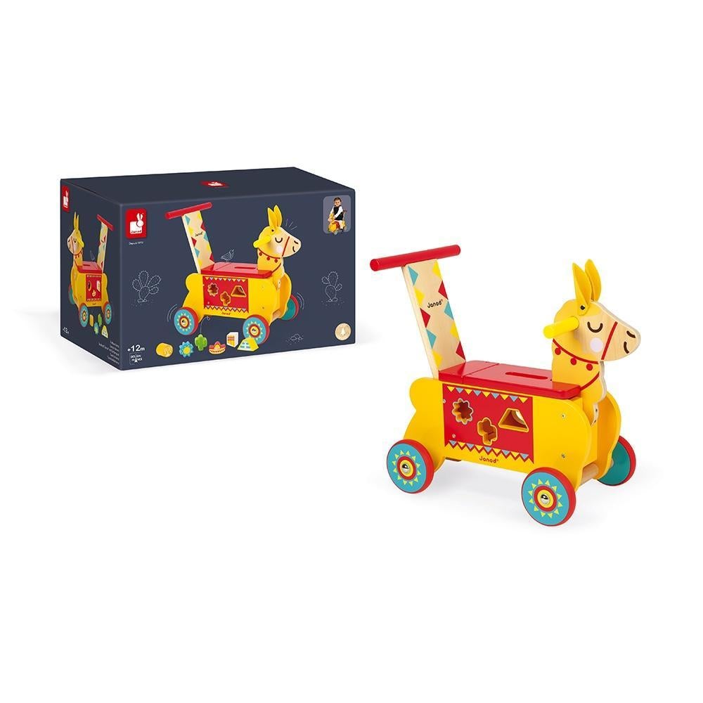 Image of the packaging for the Llama Wooden Ride-On toy. On the front of the box is a picture of the fully assembled toy.