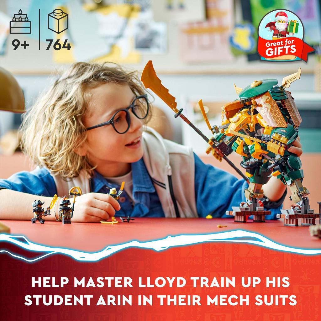 for ages 9+ with 764 LEGO pieces. Help master Lloyd train up his atudent arin in their mech suits