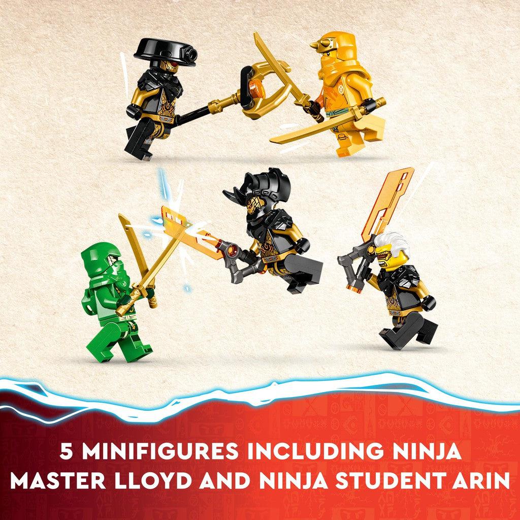 5 mini figures including ninja master Lloyd and ninja student arin. 