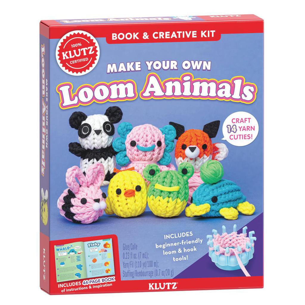 Box of "Make Your Own Loom Animals" kit featuring a knitting loom, yarn, and kid-friendly instructions to craft cute critter figures.