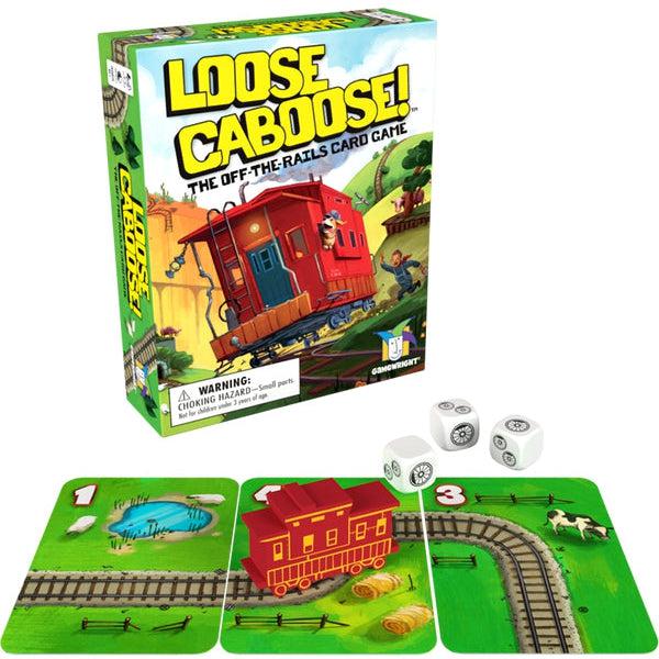 Image of the game pieces outside of the box. It comes with cards, a wooden caboose, and dice.