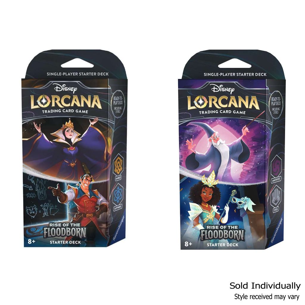 Two Lorcana starter deck boxes shown. Small text in corner reads: Sold individually, style received may vary