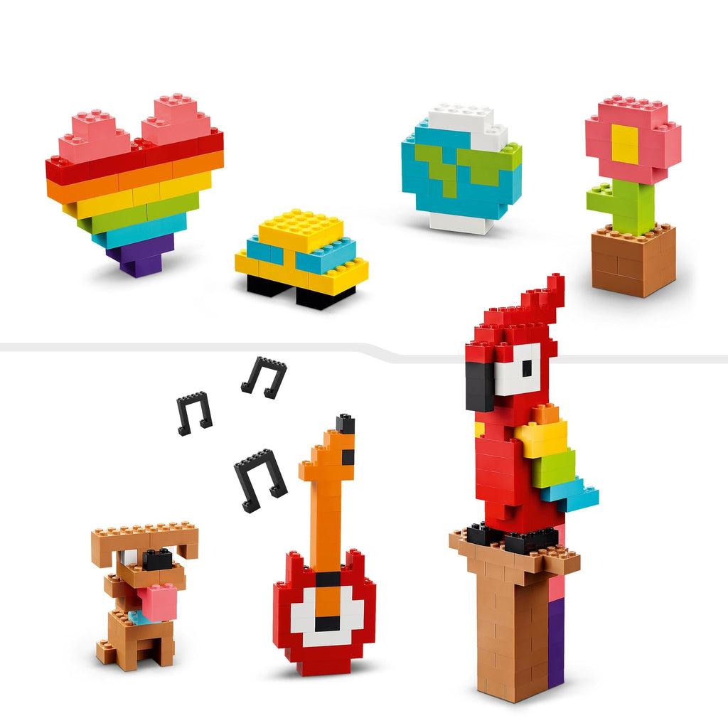 Examples of possible LEGO creations. Some of these include a car, a guitar, a parrot, and a flower.