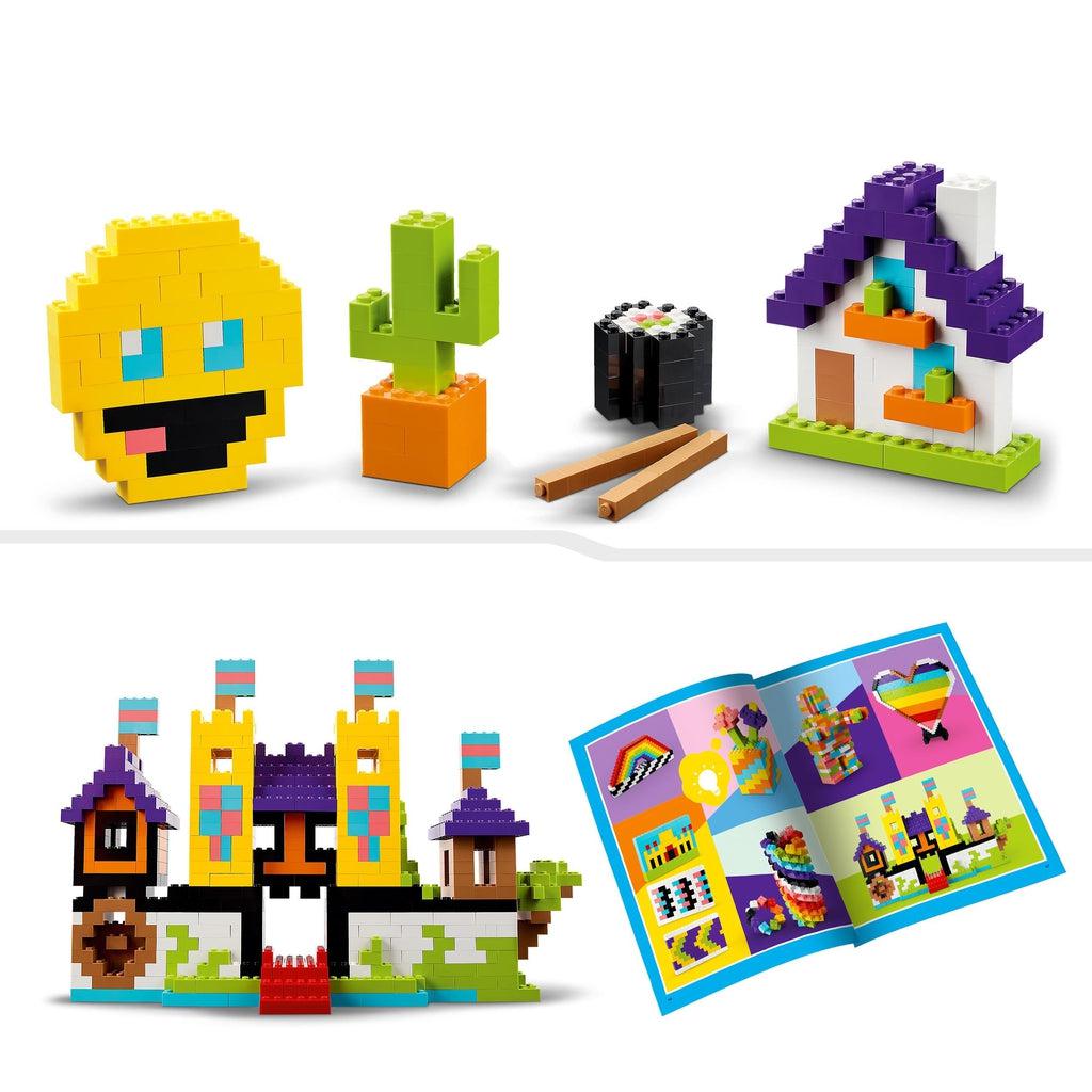 More examples of ideas for LEGO creations. Some include a cactus, a castle, and sushi.