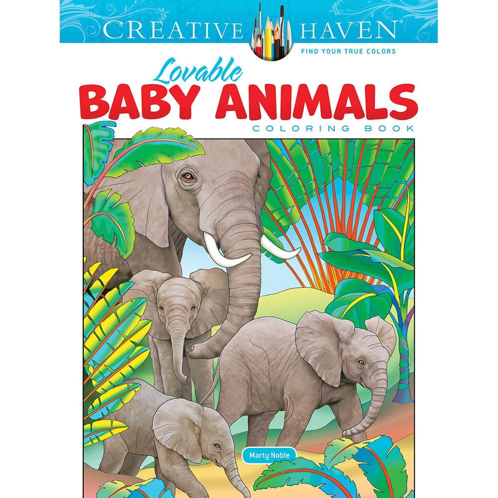 Image of the cover of the Lovable Baby Animals coloring book. On the front is a colored picture of a family of elephants in a jungle.