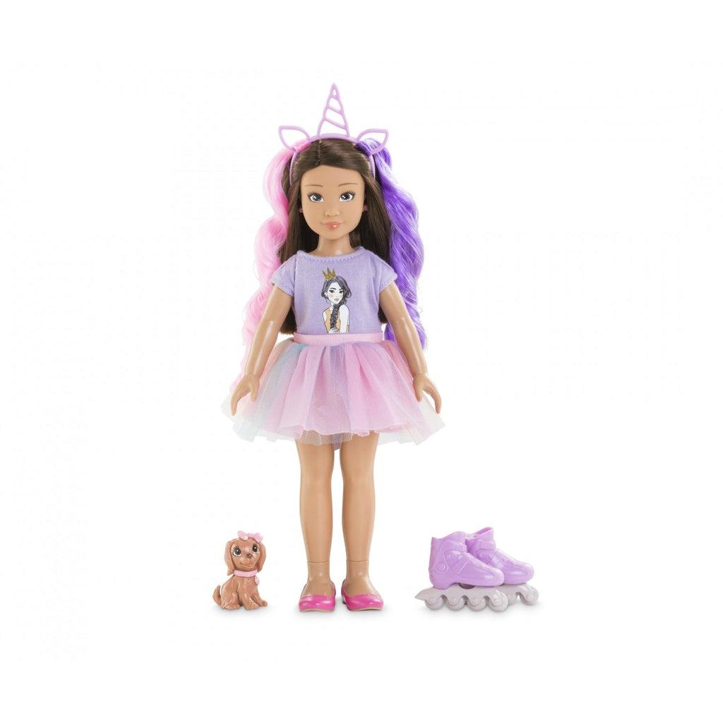 Image of Luna doll outside of the packaging. The set includes a doll wearing a pink and purple dress, a unicorn headband, roller skates, and a dog.