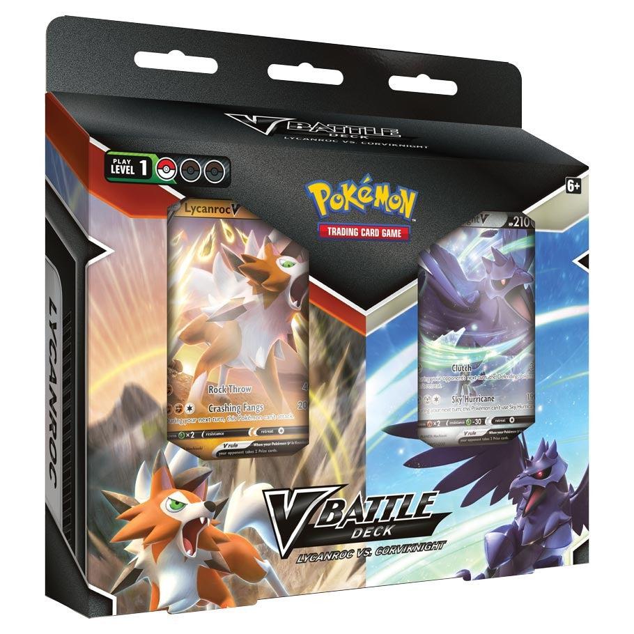 Image of the packaging for the Lycanroc & Corviknight Battle Deck. The box is split into two sides, one for each of the Pokémon and it is themed after each Pokémon.