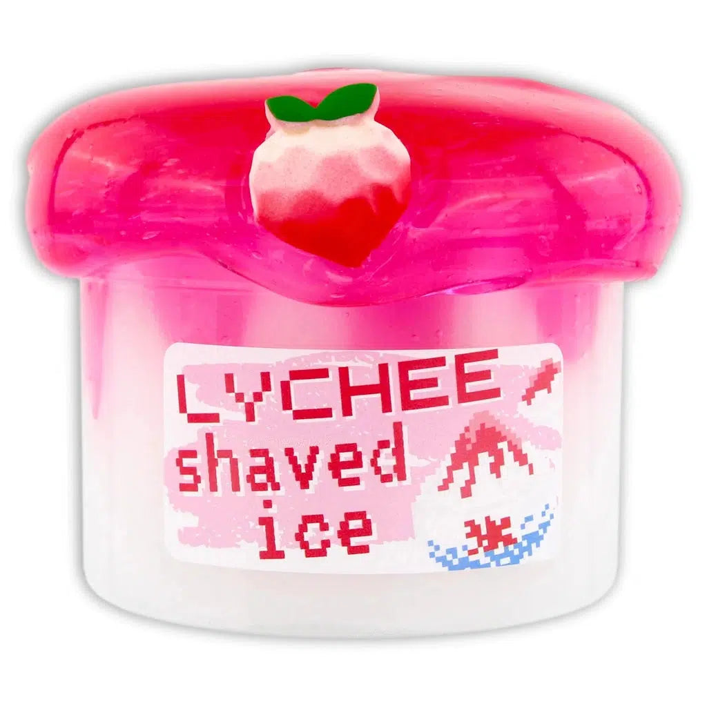 Image of the open Lychee Shaved Ice slime. It is a white icee slime bottom and a pink jelly slime top and it comes with a lychee fruit charm.