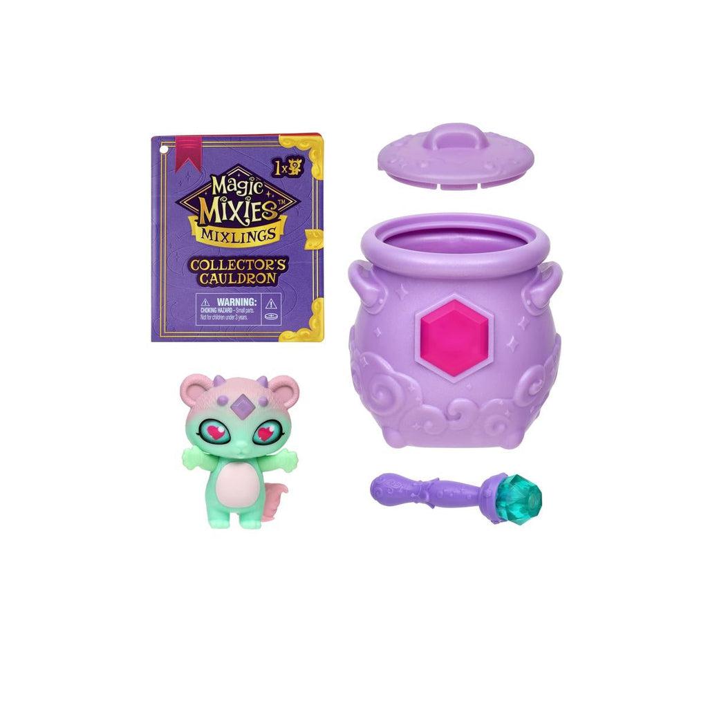 The cauldron is purple with a pink gem in the center. The handle of the wand is also purple, but the gem on top is a turquoise blue.