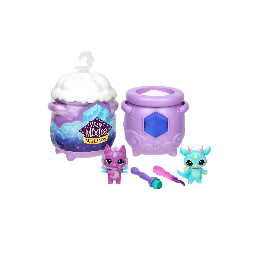 Image of everything that comes with the Magic Mixies Tap & Reveal 2 pack. It comes with a cauldron, two different wands, and two different Mixlings. 