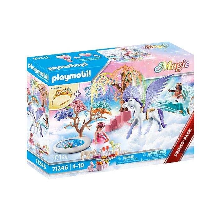This image shows the box of the pegasus picnic. there is a tiara in the box for the person who plays with it, and two princesses are preparing a picnic on the clouds while a Pegasus prances about. 