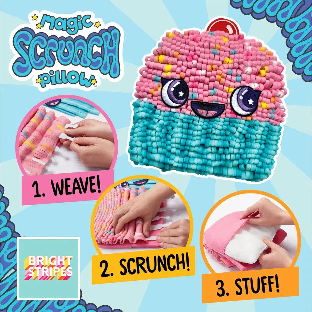 this image shows the steps to making the pillow, 1) weave 2) scrunch and 3) stuff. 