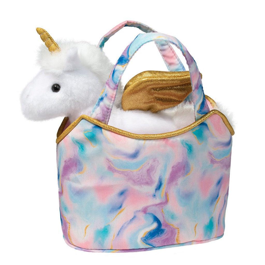 a pegasus is in an adorable handbag! the doll is small, and perfect for a child to tote around
