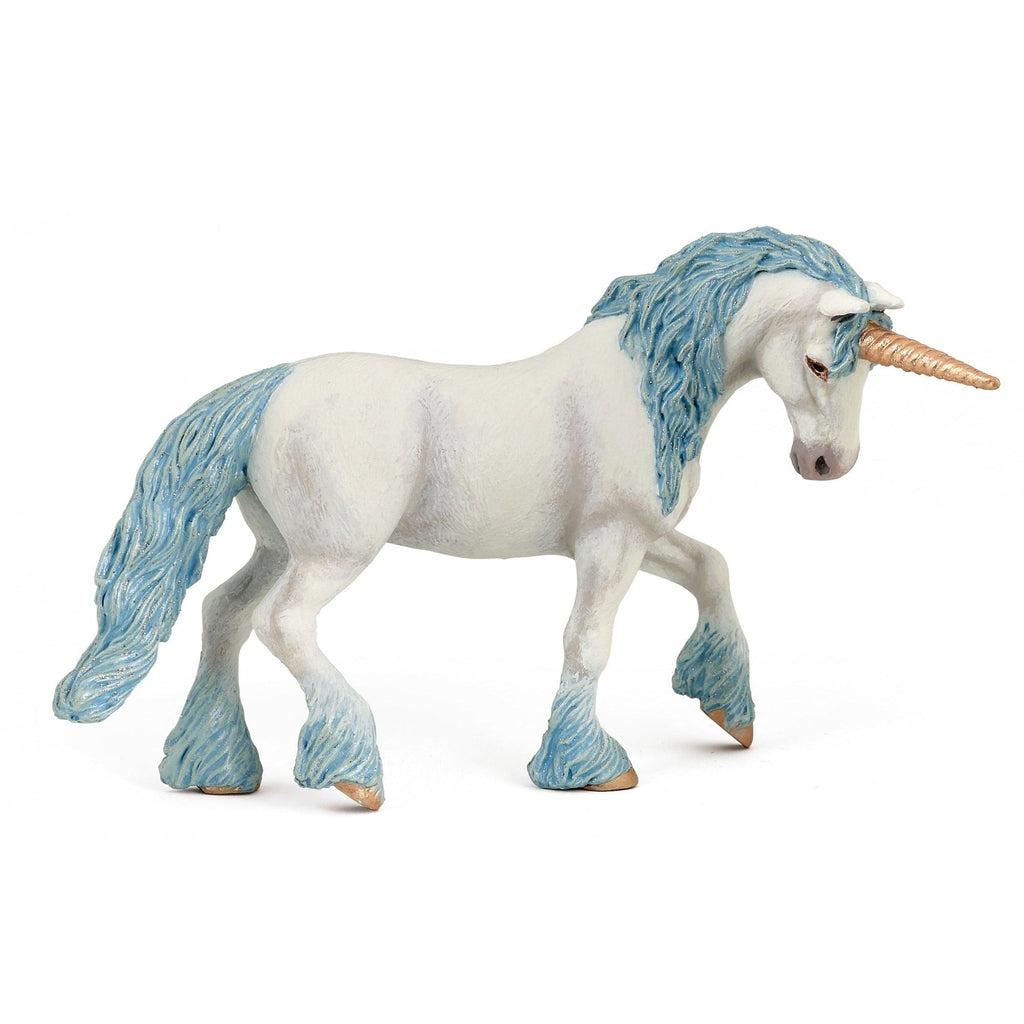 Image of the Magic Unicorn figurine. It is a white unicorn with blue mane and tail. It has a golden horn and hooves.