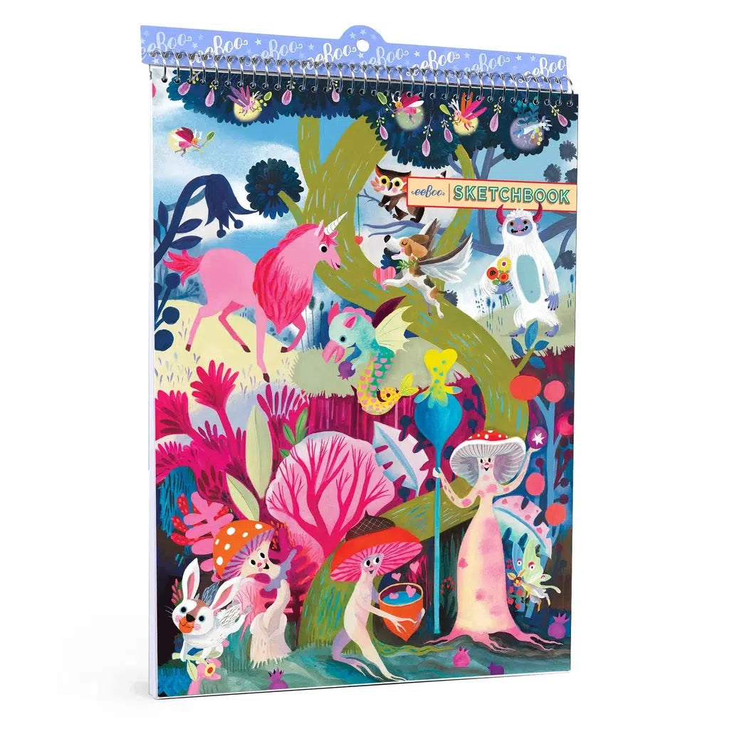 this image shows the sketchbook of magical creatures. colorful blue and pink are sued to shows a majestic unicorn and living mushrooms. 