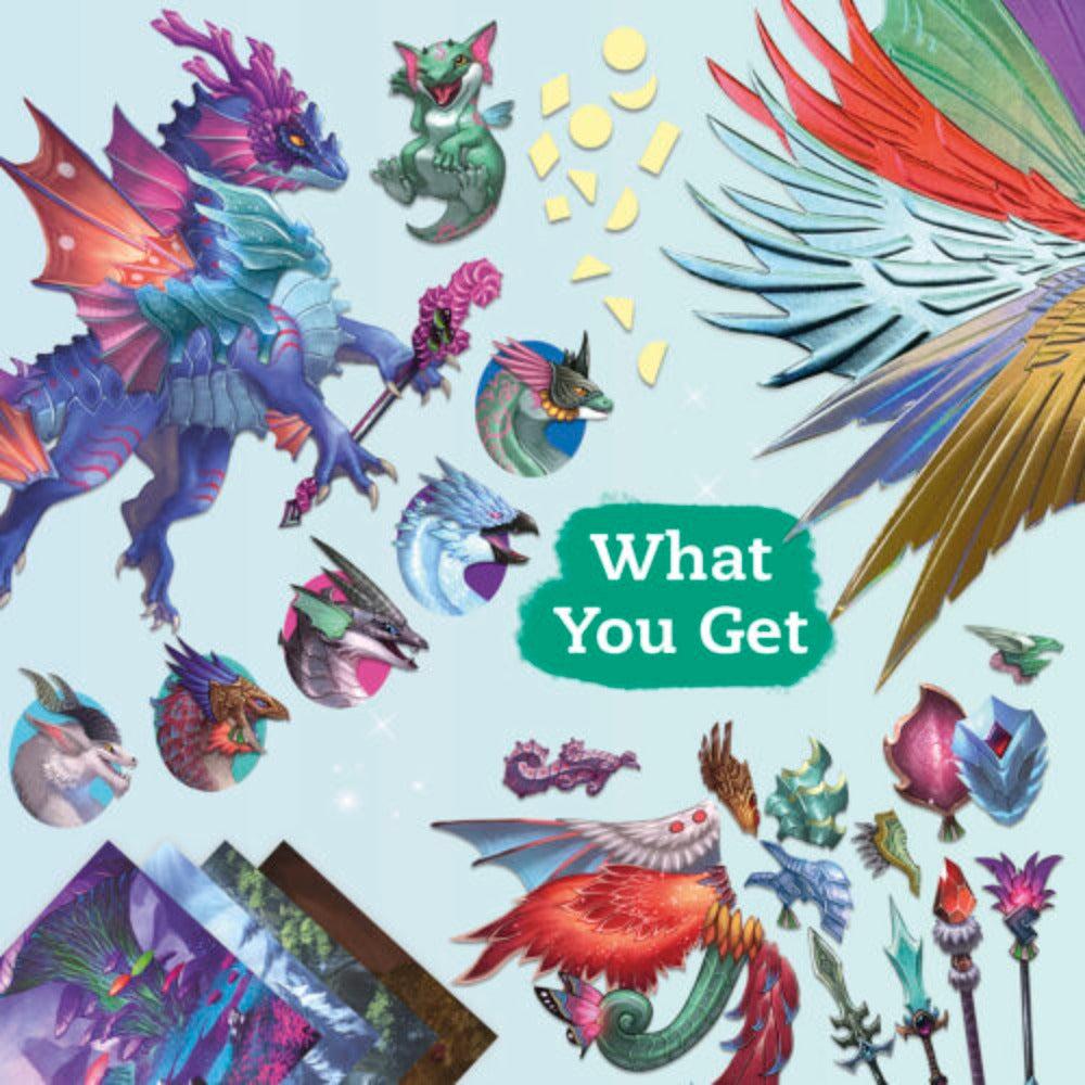 this image says "what you get" in a green bubble with images if dragon heads, eggs, and dragon themed swords and shields in the book