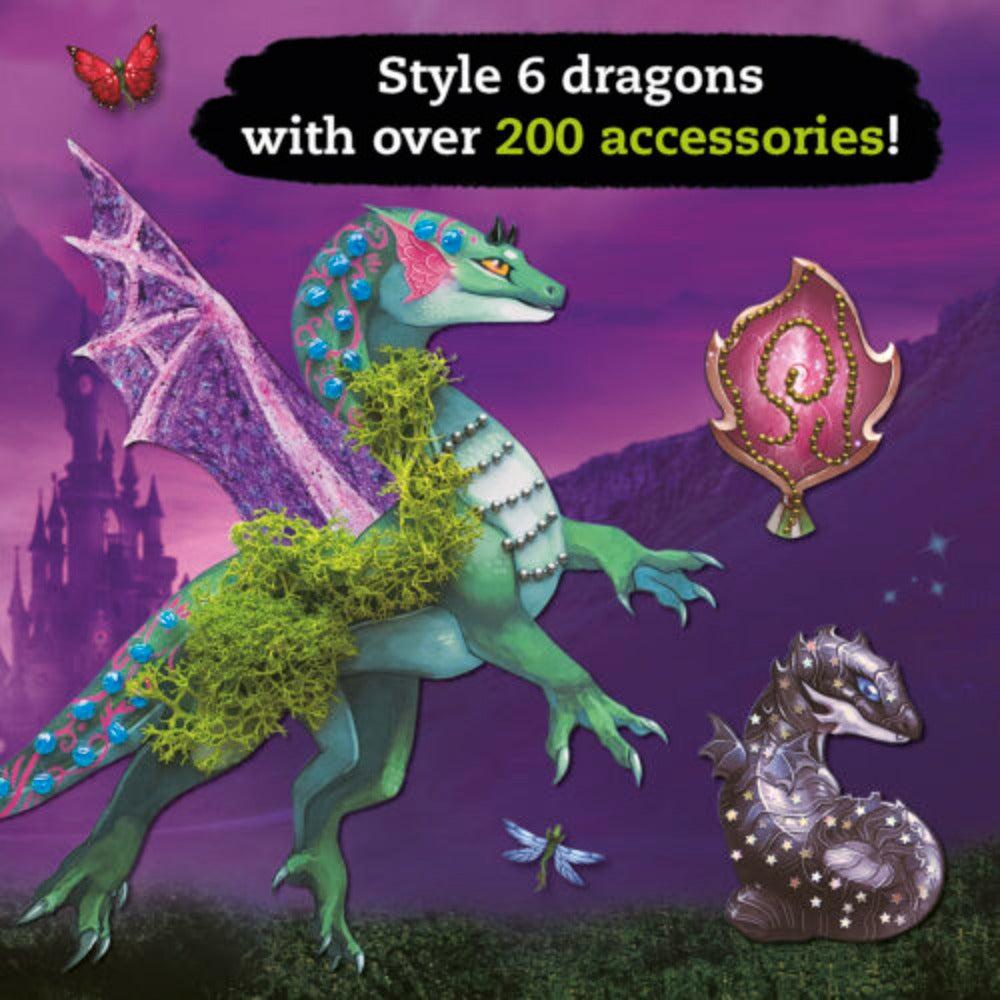style 6 dragons with over 200 accessories. there is a green cragon covered in a moss