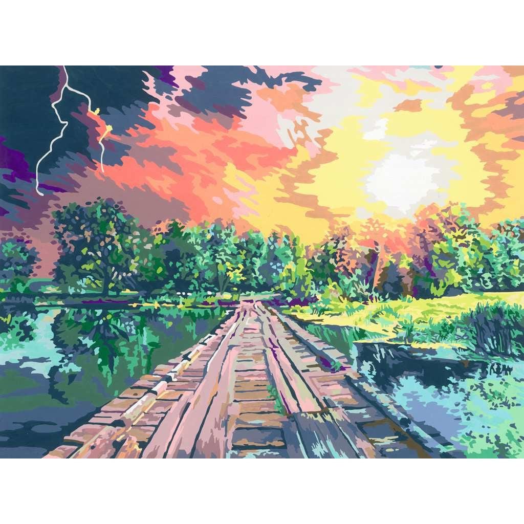 The finished product of the painting showing off the walkway over a lake with the flora on both sides contracted by light and dark from the sun and lightning. 