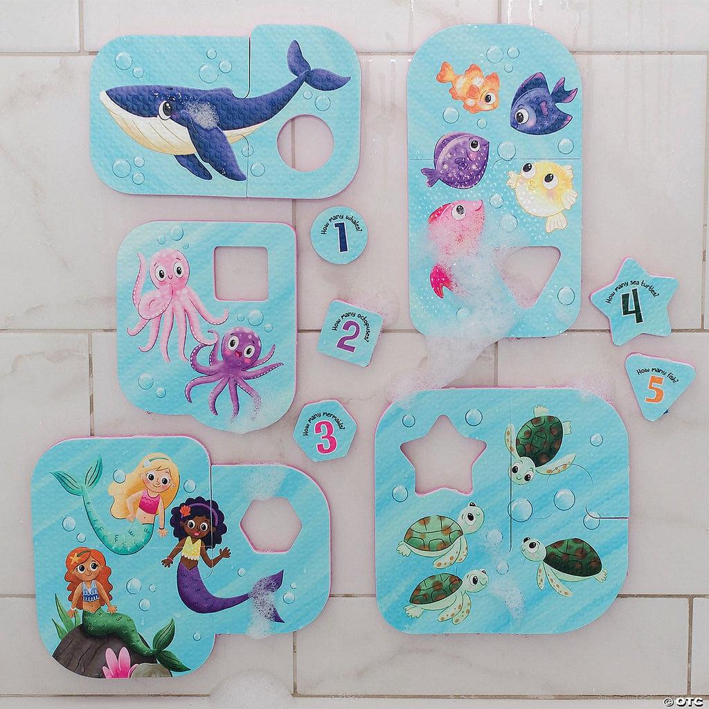 Image of all the included puzzles. Each puzzle is made of at least 3 parts, a first half, a second half, and a numbered cutout piece. Each puzzle has a picture themed around mermaids or under the sea creatures. This puzzle teaches kids counting because they have to count the number of things on each puzzle to put in the cutout pieces.