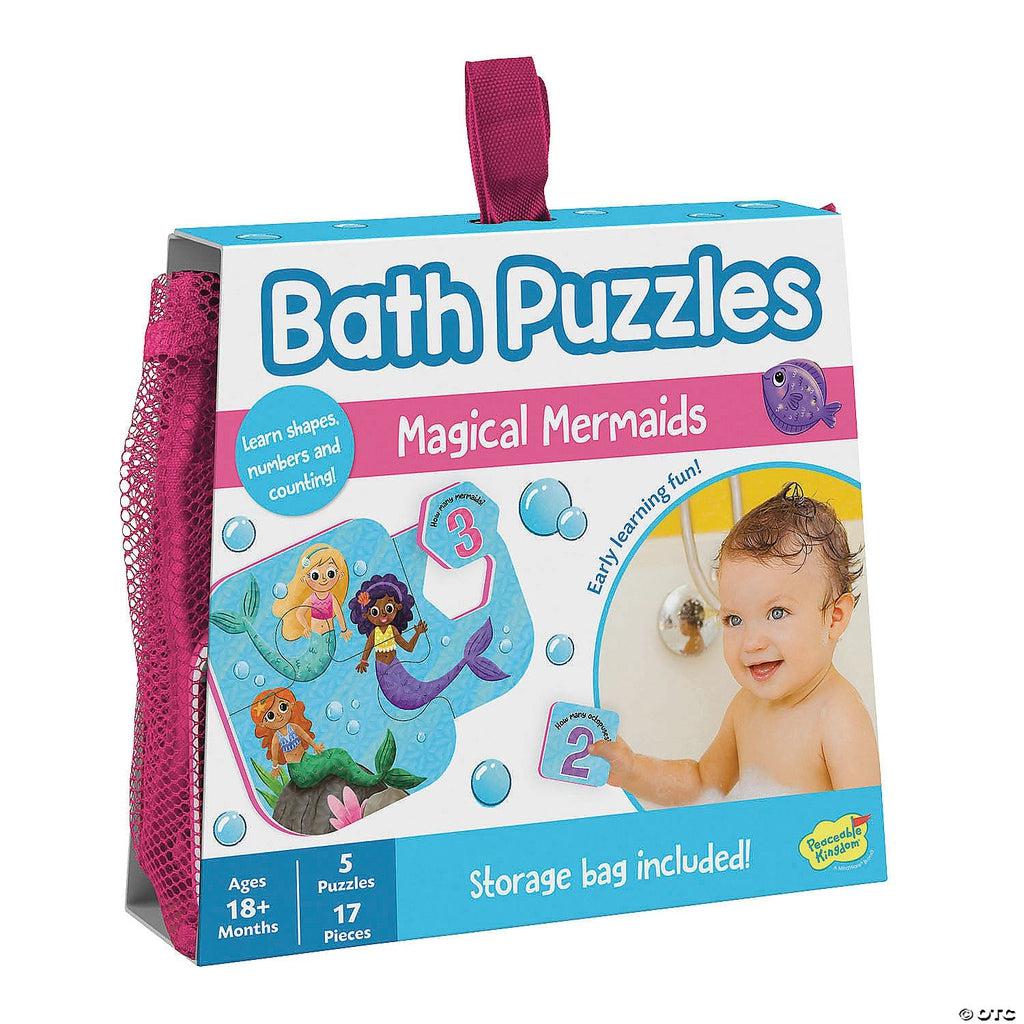 Image of the packaging for the Magical Mermaid Bath Puzzle. It is a mesh bag covered in cardboard packaging. On the front is a picture of one of the puzzles and a picture of a baby playing with the toy in the bath.