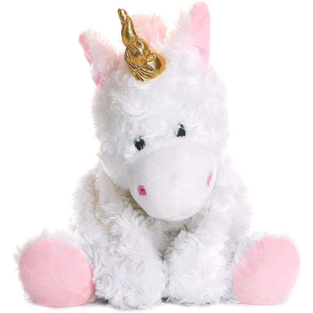Image of the Magical Unicorn Warm Pal plush. It is a white fluffy unicorn with pink hooves, mane, and tail. The horn is golden and shiny.