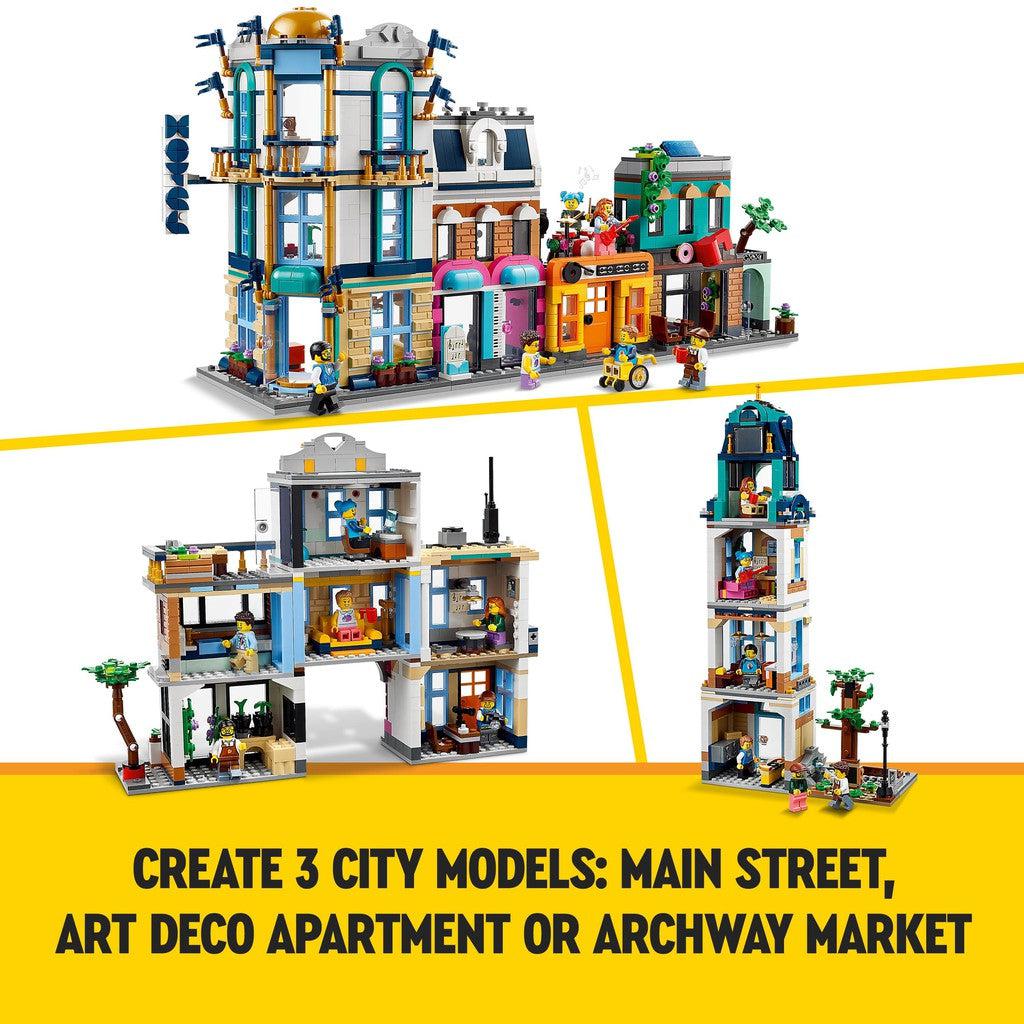 create 3 city models: main street, art deco apartment or archway market. 