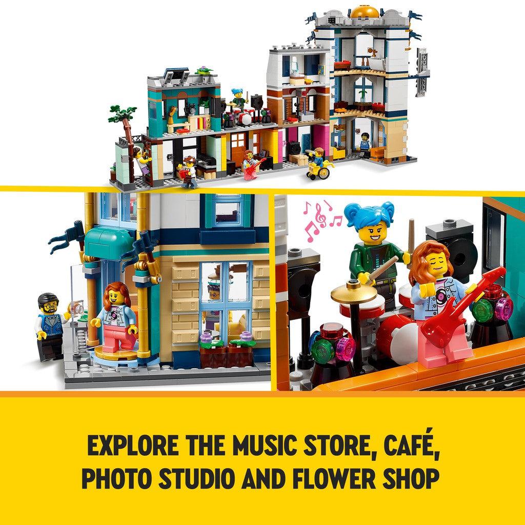explore the music store, cafe, photo studio and flower shop
