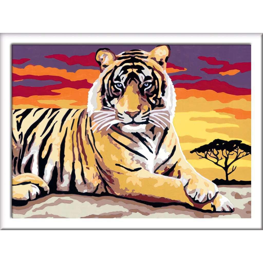 a finished product of painting the majestic tiger. make sure to thank the tiger for giving his time to pose for a lovely picture in the desert. his orange coat reflects in the sunset that is a deep yellow and purple