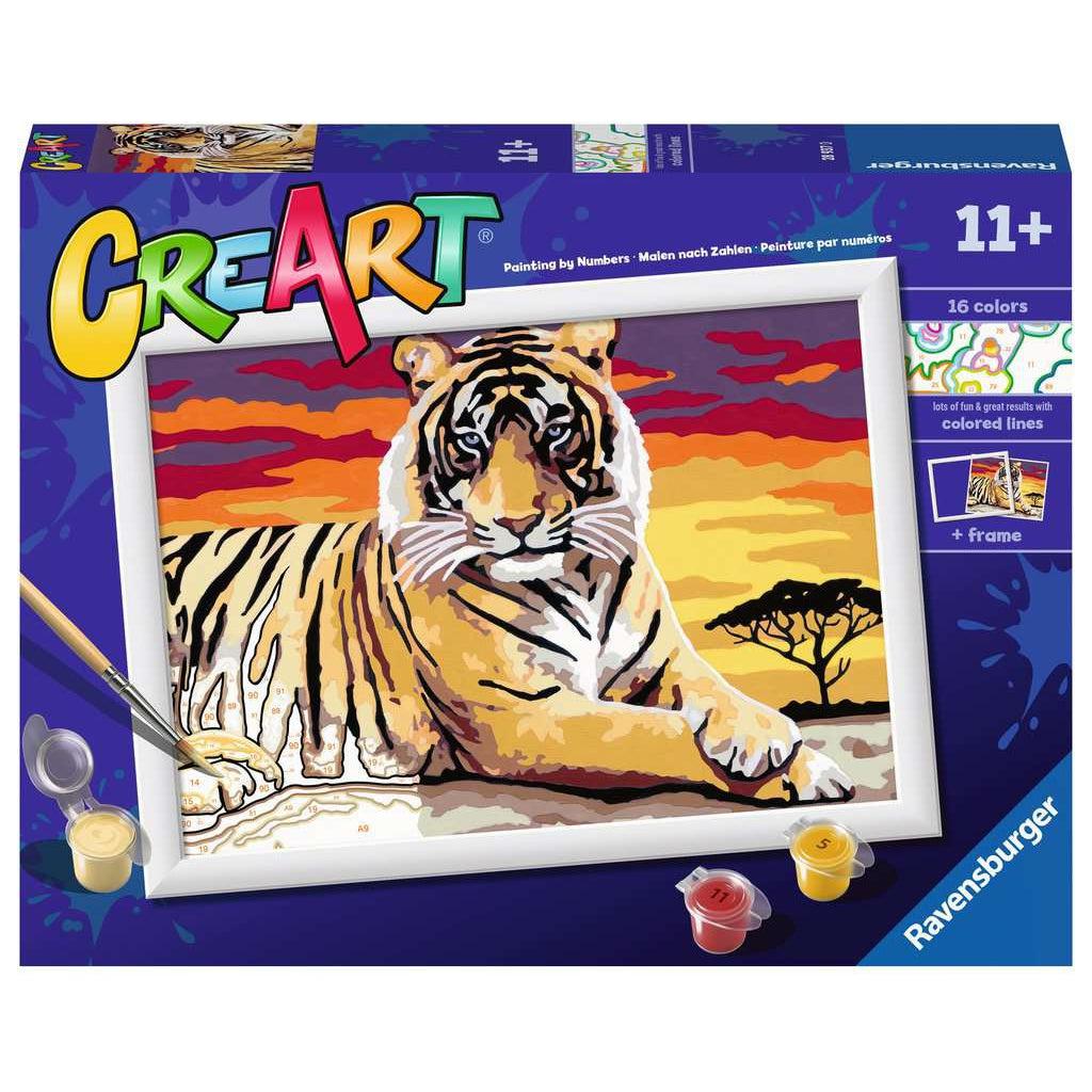This majestic tiger took the time to pose for a painting in the rich savannah sunset. its the best time to paint a picture and use the frame that comes with the paint by numbers kit. included are 16 colors