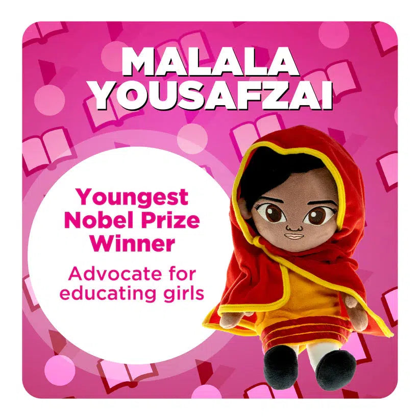 The doll is shown next to text stating Malala Yousafzai was the Youngest nobel prize winner, and an advocate for educating girls