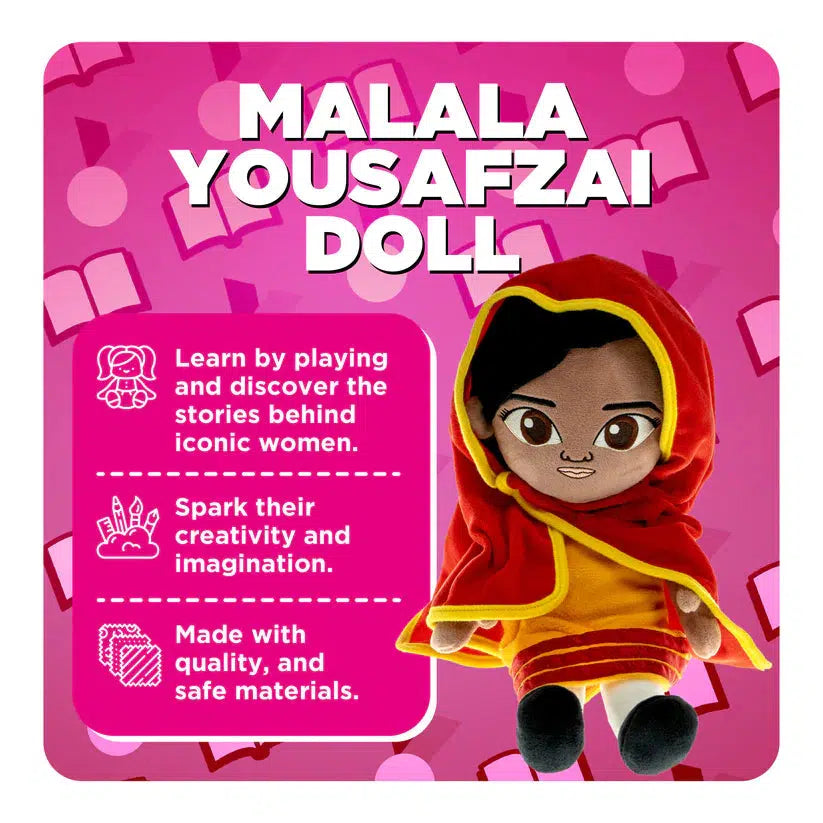 The doll shown next to text describing its features. It teaches kids the stories behind iconic women, spark creativity and imagination, and are made with safe, quality materials
