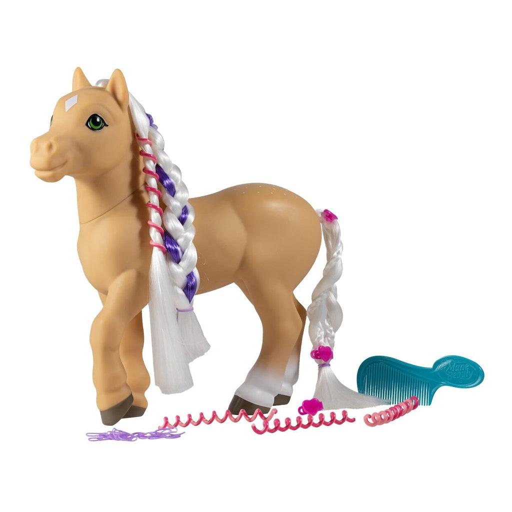 Image of the Mane Beauty Styling Pony Sunflower figurine. It is a tan horse with long white hair that can be braided, put into pony tails, and curled. The horse also comes with a tiny comb.