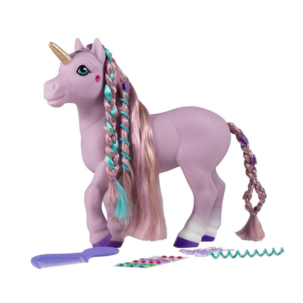 Image of the Mane Beauty Styling Unicorn Iris unicorn figurine. It is a light purple horse with ong teal and pink hair that can be styled. It comes with hair ties and a tiny comb.