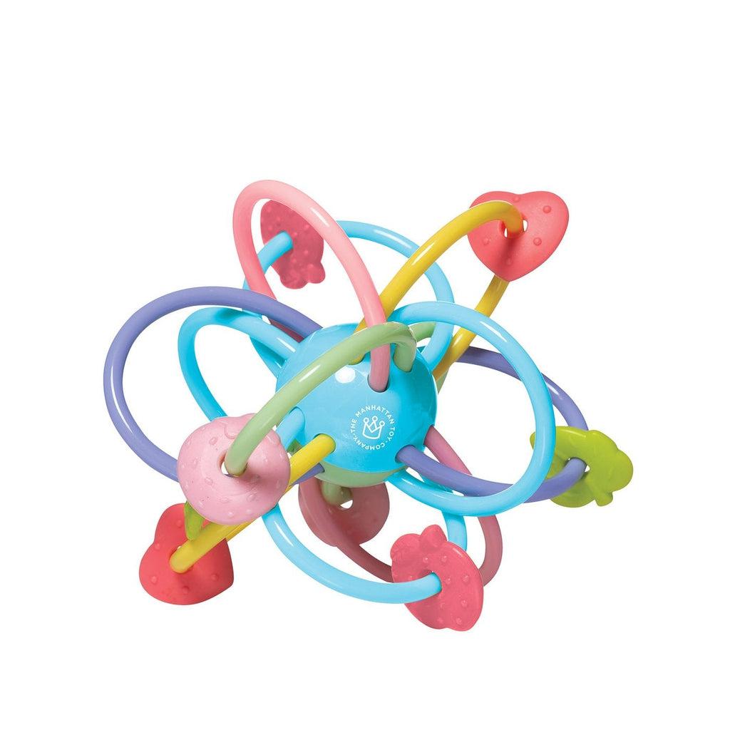 Image of the toy outside of the packaging. It is mainly blue, purple, and pink. The ball has a center that holds all the ends of the plastic tubes that hold the movable beads.