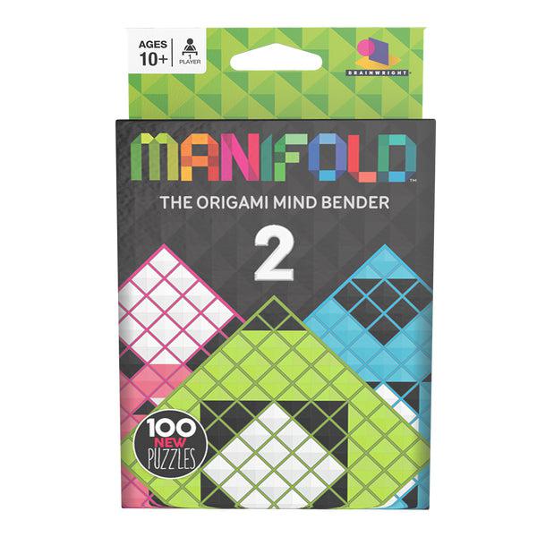 Image of the box for the game Manifold 2: The Origami Mind Bender. On the front are some pictures of some of the paper puzzles.