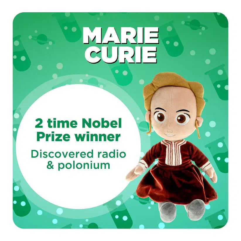 The dolls is shown next to text stating Marie Curie was a 2 time nobel prize winner who discovered radio and polonium
