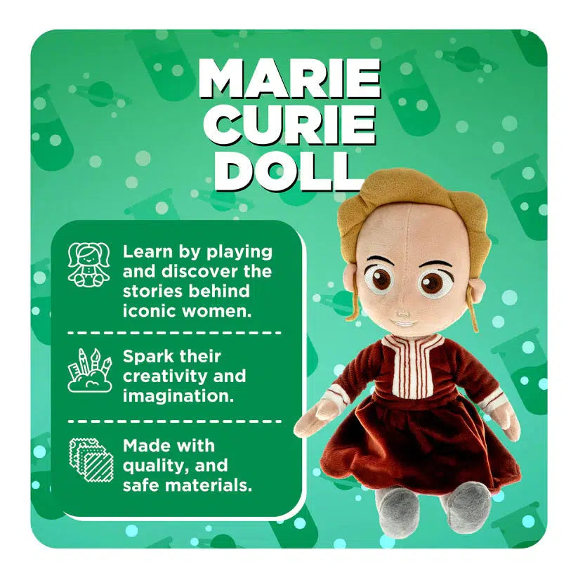The doll shown next to text describing its features. It teaches kids the stories behind iconic women, spark creativity and imagination, and are made with safe, quality materials