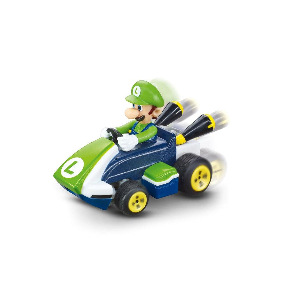 Image of the Luigi race kart. It is navy with a green front that has Luigi's logo on it.