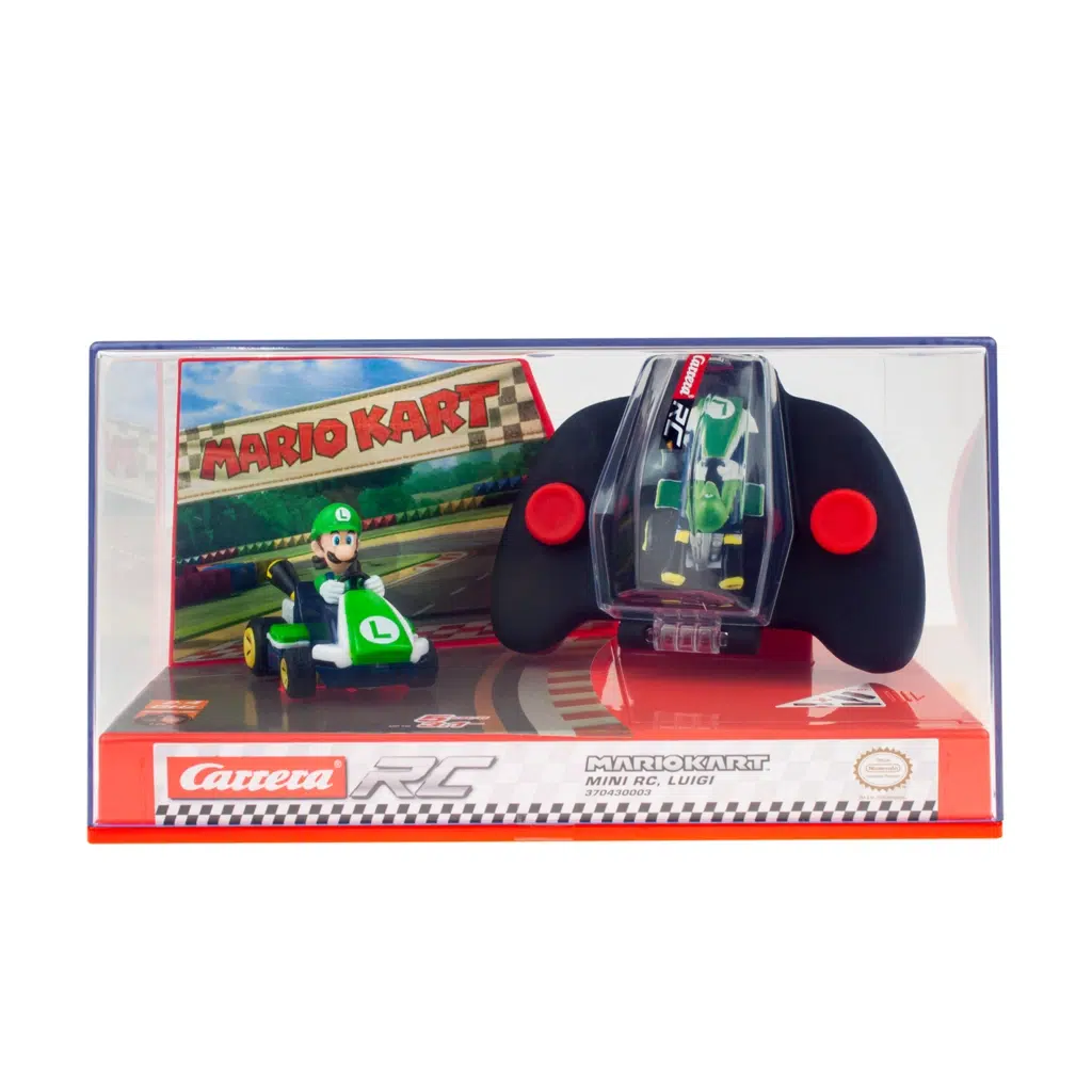 Image of the packaging for the Mario Kart Mini RC Luigi. The front is made from clear plastic so you can see the kart and the remote controller inside.