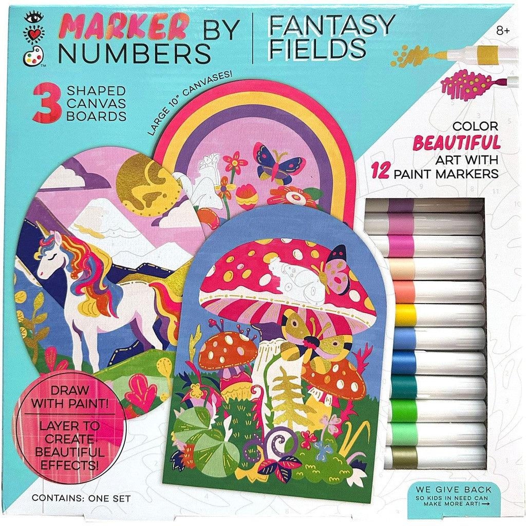 Art set packaging featuring three shaped canvas boards with vibrant designs, including unicorns and mushrooms. This kit includes 12 paint markers and instructions for crafting intricate art with ease.