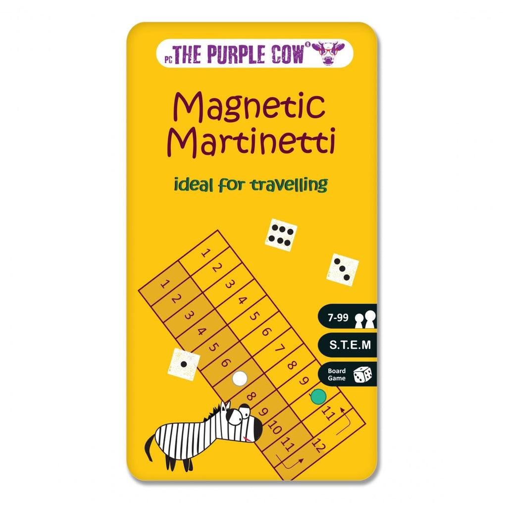 Image of the tin for the Martinetti TO GO game. On the front is a picture of the game board with a couple dice around and a cartoon zebra.