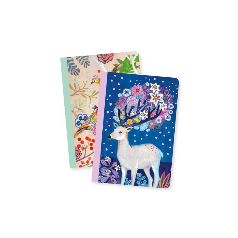 Image of the Martyna Little Notebook set. On the front of one of the covers is a white deer with flowers in his antlers and on the other's front are a couple of birds sitting in a tree branch.