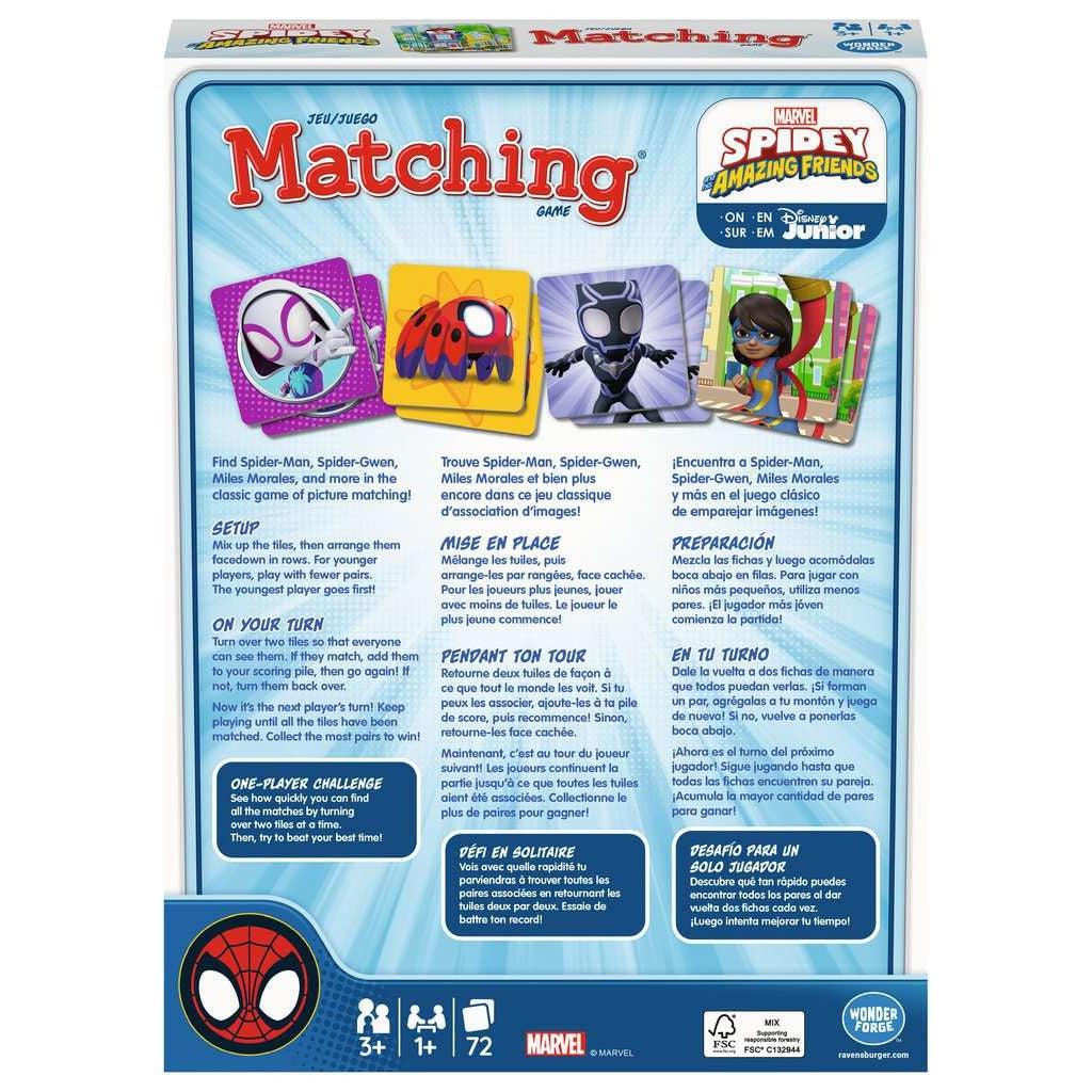 the back of the box shows instructions on set up and play, and cards of spider-spiderman, venom, spider gwen and more