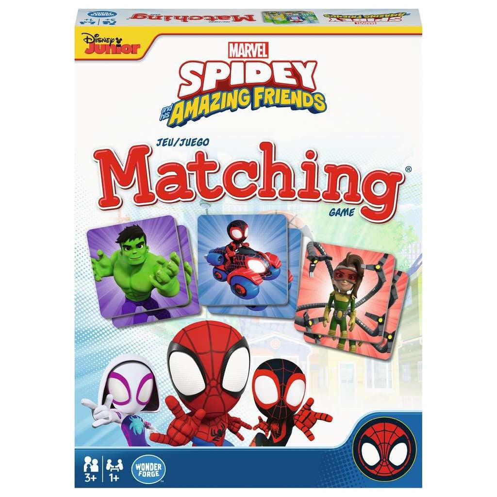 image shows spiderman, spiderman, and spider gwen on the cover of a box for a memory and matching game featuring characters from marvel and the spiederman multiverse.