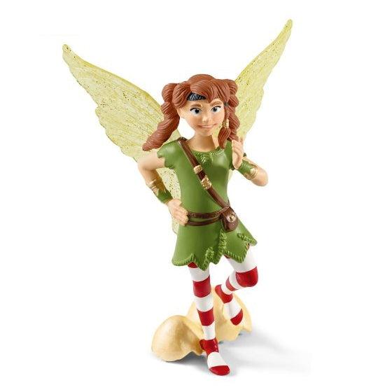 Image of the girl fairy figurine. It is a red-headed fairy wearing a green dress and candy cane leggings. She has translucent green glittery wings.