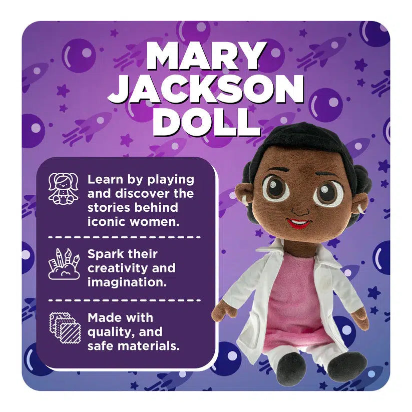 The doll shown next to text stating features such as learning stories behind this iconic woman, sparking creativity and imagination, and the doll being made with safe and quality materials
