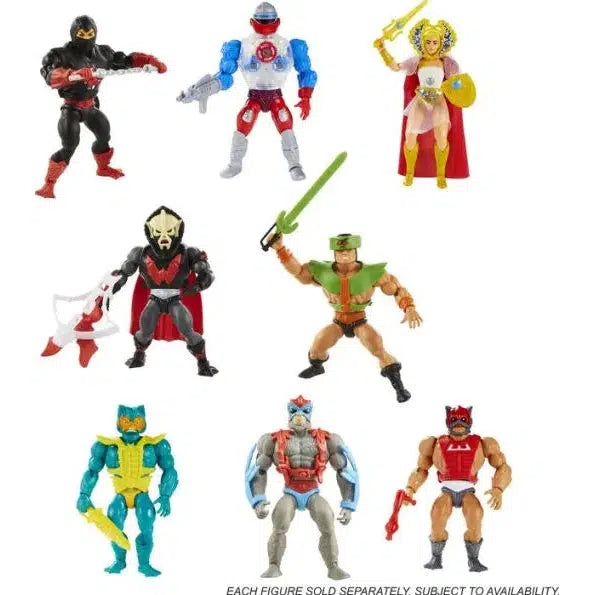 Image of the Masters of the Universe Origins Creatures Assorted figurines. Each one is of a different character and they each come with a weapon and signature armor.