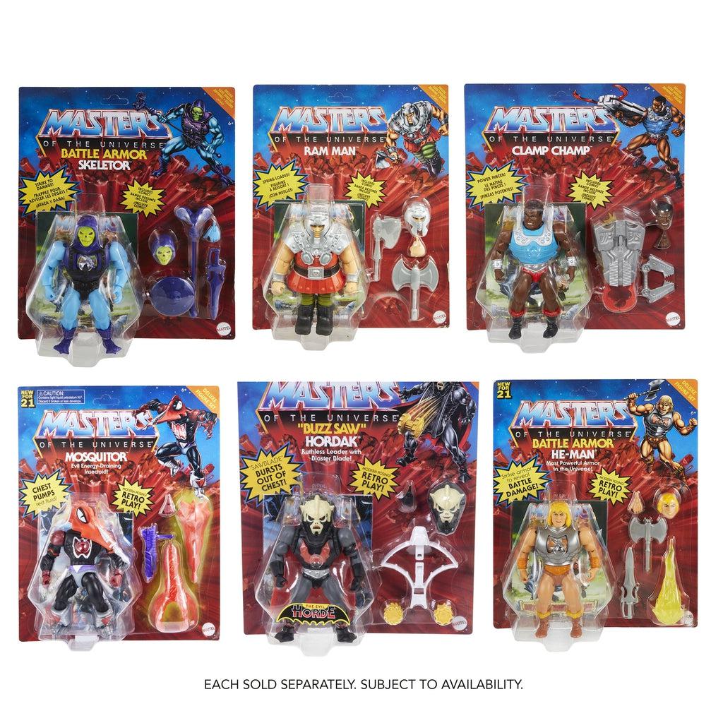 Image of some of the possible He-Man figurines that you could recieve. You could get a He-Man, a Skeletor, a Ram Man, a Clamp Champ, Mosquitor, or a Hordak. Each one comes with its own weapon and armor.