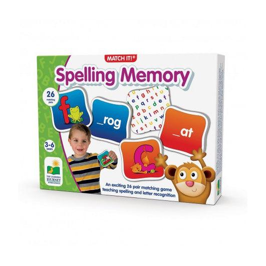 Image of the packaging for the Match It! Spelling Memory game. On the front is a picture of a little kid holding up some of the included game cards.