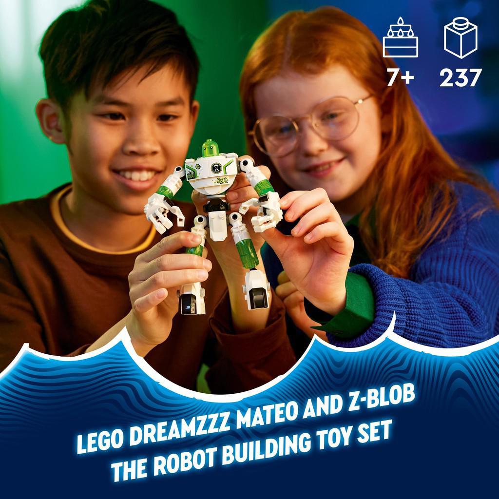 for ages 7+ with 237 LEGO pieces inside. LEGO Dreamzzz mateo and z-blob the robot building toy set